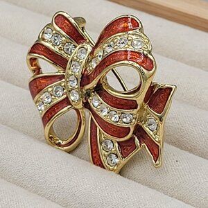 Danecraft Gold Tone Ribbon Bow Brooch Pin Red Enamel White Rhinestones Vtg